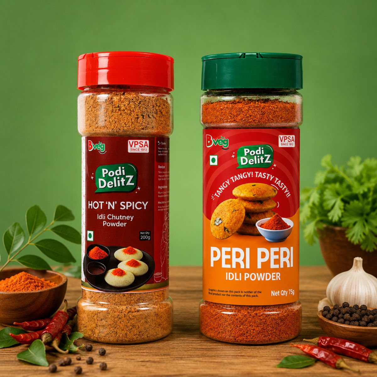 Bveg Spicy Idli Podi Combo – Hot N Spicy 200g & Peri Peri Flavour 75g