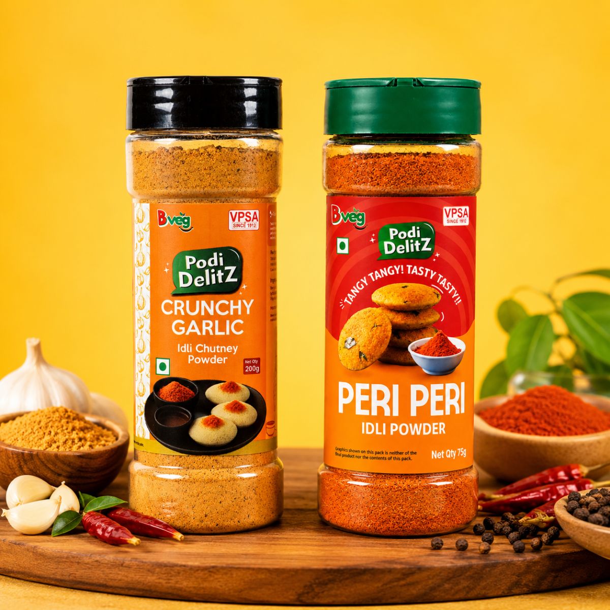 Bveg Garlic & Peri Peri Idli Podi Combo – Crunchy Garlic 200g+ Peri Peri 75g
