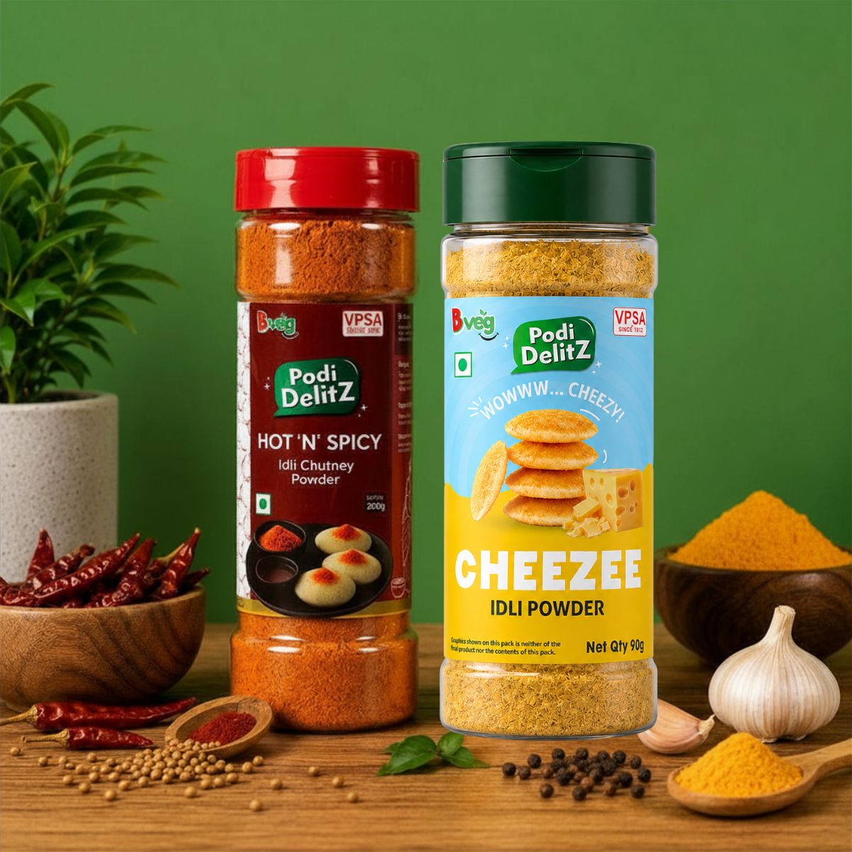 Bveg Cheezee 90g & Hot N Spicy 200g Powder
