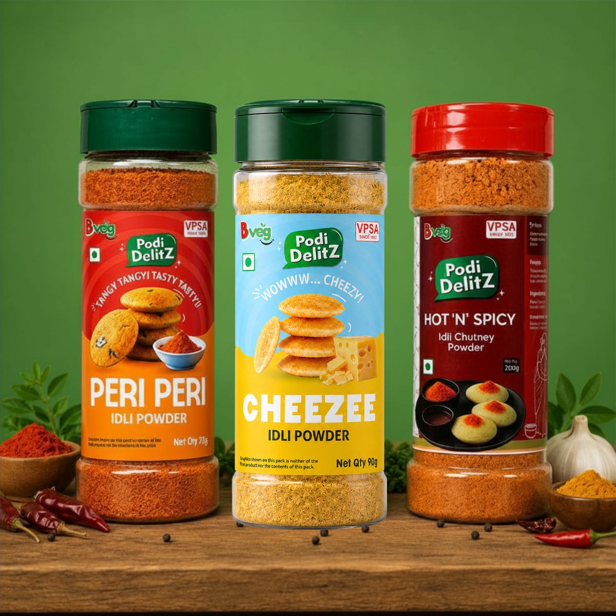 Bveg Idli Podi Trio Combo – Peri Peri 75, Cheezee 90g & Hot N Spicy 200g