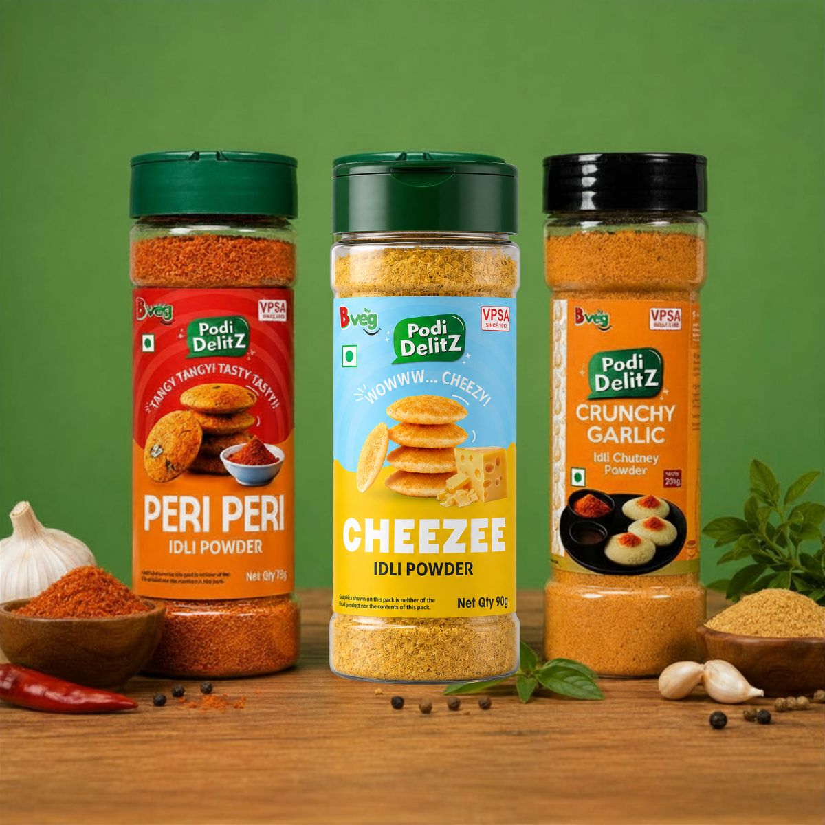 Bveg Idli Podi Trio Combo – Peri Peri 75, Cheezee 90g & Crunchy Garlic 200g