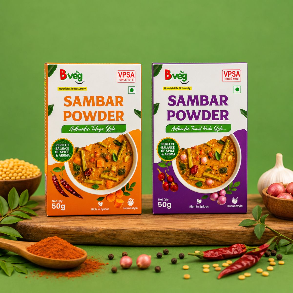 Bveg Authentic Sambar Powder Combo – Telugu & Tamil Nadu Style (2 x 50g)