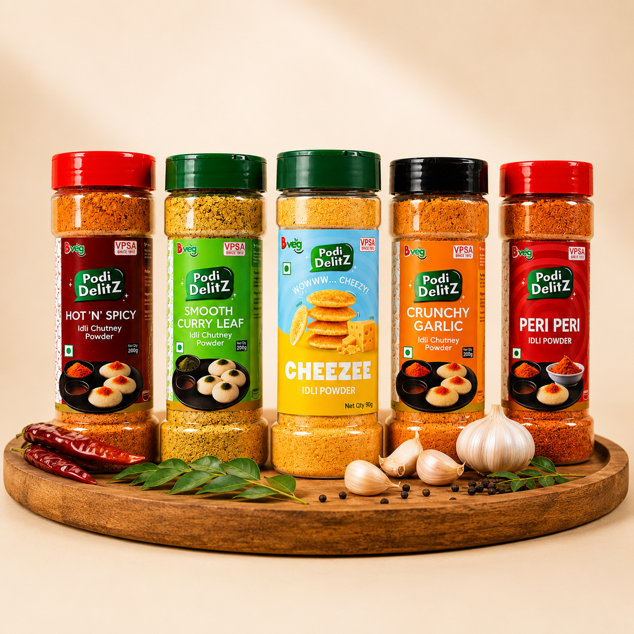 Bveg Mega Idli Podi Combo Pack | 5 Flavours | Hot & Spicy, Curry Leaf, Cheezee, Garlic & Peri Peri | 765g