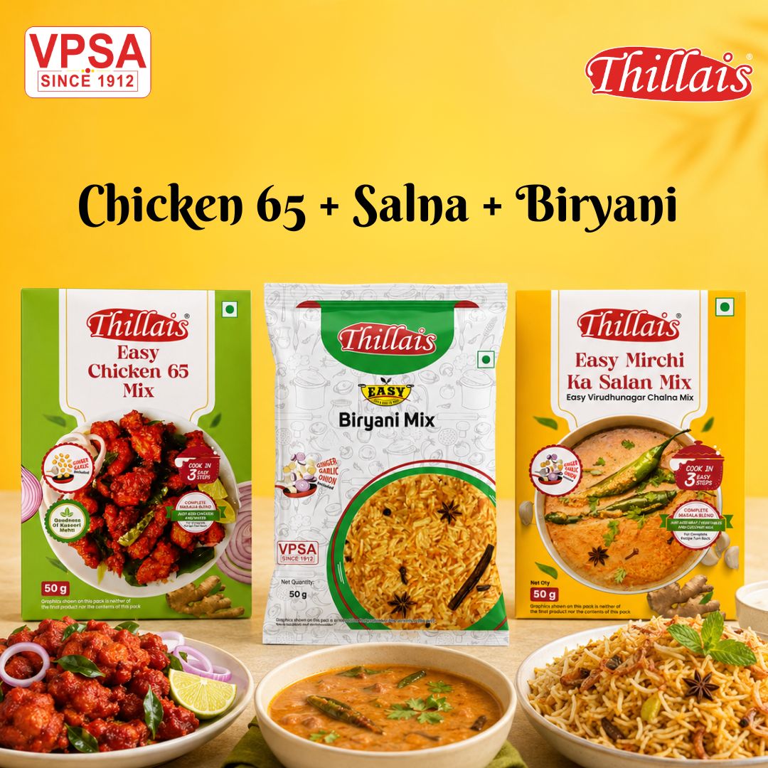 Thillai's Chicken Feast Combo – Chicken 65 Mix + Biryani Mix + Salna Mix (50g Each)